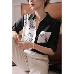 Women's Blouses EWSFV 2023 Autumn Women Full Sleeve Silk Shirt High-End Ink Printing Black And White Stitching Mulberry