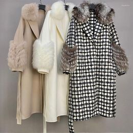 Women's Fur 2023 Luxury Womens Winter Real Double-sided Wool Coat Genuine Collar And Cuffs Houndstooth Overcoat