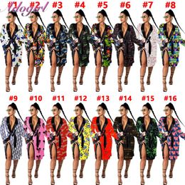 Casual Dresses Sexy Cartoons Print Open Stitch With Belt Bath Robes Satin Nightgown Women Pyjamas Dress Sleepwear Bathrobe Home Loose