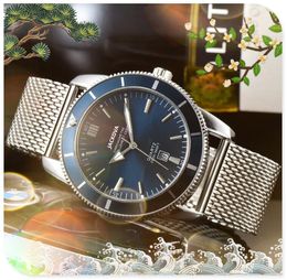 Iced Out Three Pins Men Watch 43mm Top Fashion Hip Hop Stainless Steel Mesh Belt Calendar Quartz Movement Business Bracelet Watches Montre De Luxe Men Gifts