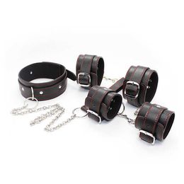 Beauty Items PU Leather Red Line Neck Collar with Leash Chain BDSM Wrist&Ankle Cuffs Bondage Set Restraint sexyy Toy Adult Game