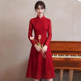 Casual Dresses Autumn And Winter Large Size Red White Lace Embroidered Dress Improved Young Elegant Long-sleeved Cheongsam 5xl