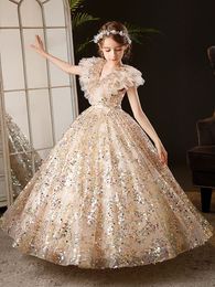 2023 Gold Flower Girl Dresses Jewel Neck Ball Gown Lace Appliques Beads Colourful sequined Kids Girls Pageant Dress Sweep Train Birthday Gowns