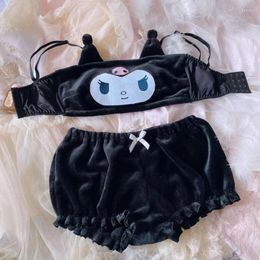 Women's Sleepwear Women Japanese Anime 2pcs Velvet Pajamas Set Cute Cartoon Evil Ears Tube Top Bloomers Shorts Kawaii Lingerie