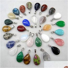 Pendant Necklaces Wholesale 24Pcs Natural Pink Quartz Crystal Agates Tiger Eye Stone Malachite Water Drop Shape For Diy Jewellery Maki Dhq5N