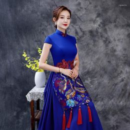Ethnic Clothing Retro Embroidery Tassel Applique Satin Aodai Qipao Sexy Short Sleeve A-Line Cheongsam Chinese Women Dress