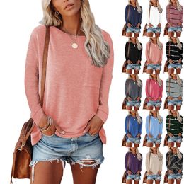 Women's TShirt Spring and Autumn Tshirt With Pocket Solid Colour Loose ONeck Long Sleeve T Shirt Casual Plus Size Femme Clothing 230110