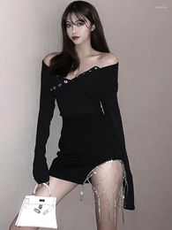 Casual Dresses European Spring Sexy Long-sleeved Temperament V-neck Low-cut Off-the-shoulder Fringed Slim Short Hip Women Fashion