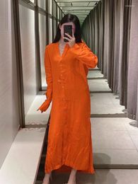 Casual Dresses DYLQFS Women Orange Linen Dress 2023 Spring Fashion Loose Office Long Sleeve Shirt Ladies Split Chic Skirt