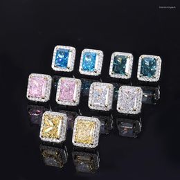 Stud Earrings Classic 925 Sterling Silver 8 10mm Radiant Cut Rectangle Blue Pink Yellow High Carbon Diamond Gift Women Jewelry