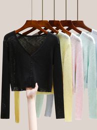 Women's TShirt Sunscreen Cardigan Thin Ice Silk Sweater Summer Longsleeved Black Blouse Airconditioned Short 230110