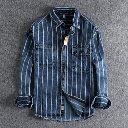 Men's Casual Shirts Autumn Winter American Retro Striped Denim Cargo Shirt Men's Fashion Pure Cotton Washed Old Youth Pocket Blouses