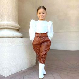 Clothing Sets Girls Clothes Spring And Autumn 0-6 Years Old Bubble Sleeve Sweatshirt Leather Pants 2023 Fashion Children's