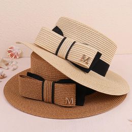 Wide Brim Hats 2023 Letter M Beach Sun Hat Bow Tie Summer Rhinestone Female Flat Top Big Straw Cap Ladies Sunhat Women Protection
