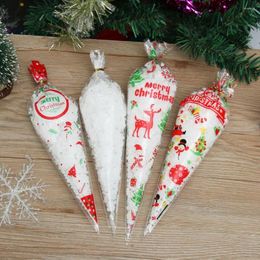 Gift Wrap 100PCS Cartoon Baking Packaging Xmas Pattern Popcorn Pocket Cellophane Christmas Candy Bags Pouch Cone-Shaped