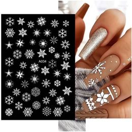 Stickers Decals Nail 3D White Christmas Snowflakes Blue Bronzing Xmas Nails For Year Decoration Sparkly Glitter Winter Slider Foil Dhdkp