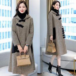 Women's Wool Cloak Woollen Coat Women Mid-Length 2023 Autumn And Winter Thick Hepburn Style Houndstooth Tweed Outcoat Clothing L58