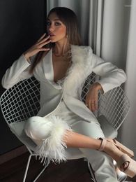 Women's Two Piece Pants BEVENCCEL Sexy Feather White Set For Women Long Sleeve Single Button Blazer And Ankle-length