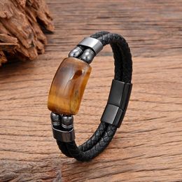 Charm Bracelets Geometric Natural Tiger Eye Men's Bracelet Hyperbole Double Leather Rope Chain Real Stone For Man Women Jewellery