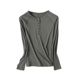 Women's TShirt Raglan Sleeve Henley Tops Snap Button Ribbed Slim Fit Tees Essential T Shirts S M L 230110