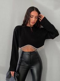 Women's TShirt Loose Women Crop Top 2023 Spring Long Sleeve Oneck Tassel Hem Female Tshirt Casual Chic Streetwear Lady 230110