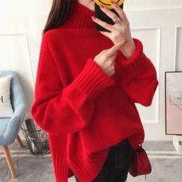 Women's Sweaters Ladies Jumper Thick High Collar Red Knitted Sweater Women Tops Autumn Winter Loose Knit Turtleneck Pullover