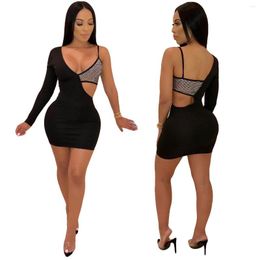 Casual Dresses Sexy One Shoulder Mini Dress Patchwork Sequined Bra Women Long Sleeve Bodycon Party Cut Out Clubwear Vestidos Clothes