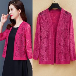 Women's Knits & Tees 2023 Autumn Summer Plus Size 5XL Lace Cardigan Women Female Cardigans Solid Color Shawl Coat Ladies Outerwear JW9993