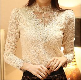 Women's TShirt Women Sexy Embroidery Lace Blouse Feminine Stand Neck Long Sleeve Shirt 3XL Tops 230110