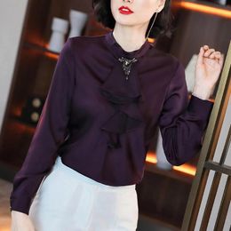 Women's Blouses & Shirts Fall Spring Fashion Womens Korean Clothing Woman Purple Ruffles Imitation Silk Blouse Top Shirt Office Ladies TopsW