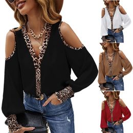 Women's TShirt Women Fashion Leopard Print Long Sleeve V Neck Off Shoulder Button Cardigan Casual Elegant Ladies Spring and Autumn Tops 230110