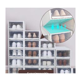 Clothing Wardrobe Storage 38 3Pcs Push Der Type Shoe Box Portable Stackable Plastic Seethrough Transparent Dertype Shoes Case Drop Dh7Jw