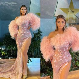 Luxury Evening Dresses African Dubai One Shoulder Feather Mermaid Prom Dress Flowers Applique Formal Party Gowns