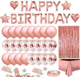 Other Decorative Stickers 46pcs Rose Gold Birthday Decoration Set Letter Happy Balloon Party Decor Kids Foil Tablecloth Heart 230110