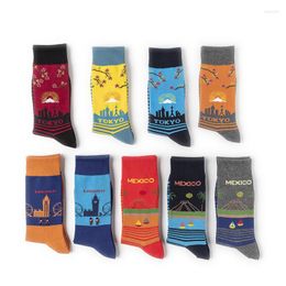 Men's Socks Peonfly Style Harajuku Combed Cotton Colourful Men Creative Famous City Art Happy Casual Funny Party Dress Crew