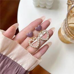 Backs Earrings Korean Sweet Oiled Hollow Heart Shaped Pearl Clip On 2023 Trendy Pink Purple No Piercing Girls