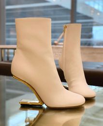 Winter Brand Popular First Women Ankle Boots White Black Nude Nappa Leather F-shaped Heels Rounded Toe gold-colored Metal Booties Lady Booty EU35-43 Box