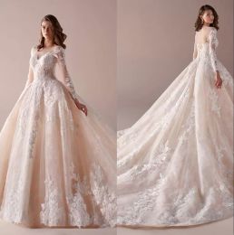 Elegant Sheer Long Sleeves Lace A Line Wedding Dresses Scoop Neck Applique Court Train Wedding Bridal Gowns With Lace Up Back 2023 BC14866