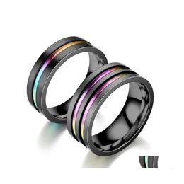 Band Rings Stainless Steel Rainbow Ring Finger Black Groove Fashion Jewellery For Women Men Drop Delivery Otzaq