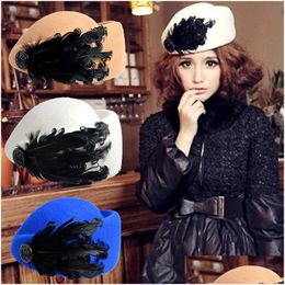 Berets Luxury Feather Stewardess Cap Fedora Hat Female Fashion Solid Wool Vintage Hats For Women British Style Of Beret 221019 Drop Dhzt2