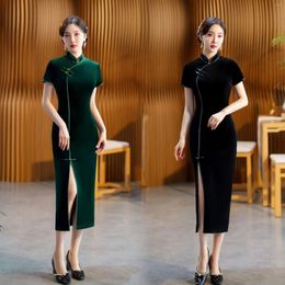 Ethnic Clothing Black Green Velour Retro Mandarin Collar Front Split Cheongsam Spring Short Sleeve Gold Velvet Qipao Chinese Women Dress