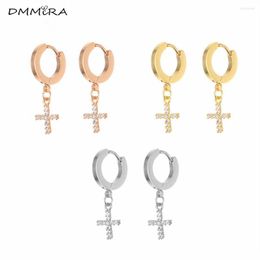 Hoop Earrings Fashion Women Silver Color Rose Gold Stainless Steel Round Cross White Crystal Charm Earring Jewelry