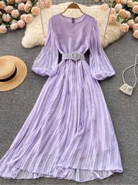 Casual Dresses Spring Women Elegant Dot Print Long Sleeve Midi Dress With Belt O-Neck Chiffon A-Line Clothes Vestidos