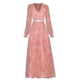 Casual Dresses Ruffles V-Neck Lantern Sleeve Ankle Length Pink/Blue Print Floral Mesh Long Maxi Party Dress