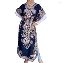 Ethnic Clothing Islamic Muslim Hijab Maxi Dress Abaya Dubai Turkey Batwing Sleeve V-Neck Robe Vintage Floral Print Cover-Up Tunic Kaftan