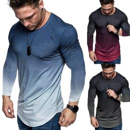 Men's TShirts GAOKE Summer Fashion Do Old Printing Men Gradient Colour Long Sleeve Round Neck TShirt Slim Fit Top 230110