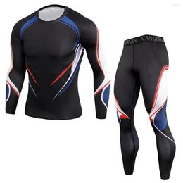 Men's Tracksuits 9 Colours Men's Tight Sports Training Suit Quick Drying Fitness Set Elastic T-Shirt Pants 2 Pieces S-3XL