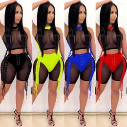 Women's Tracksuits Sexy Bandage Mesh 2 Pieces Shorts Sets Clubwear Women Sleeveless Turtleneck Crop Top And Skinny See Through Club Outfits