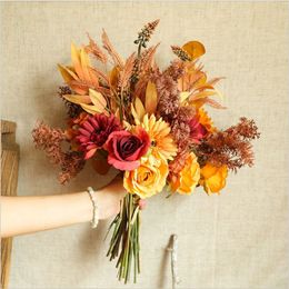 Decorative Objects Figurines Autumn Fake Rose Flowers High Quality Fall Gerbera Daisy Artificial Flower Long Bouquet for Home Wedding Decoration Leave 230110