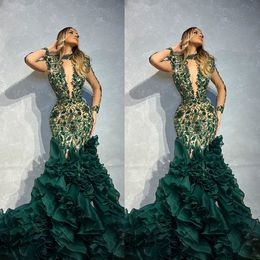 V Neck Fancy Evening Dresses Elegant Full Sleeve Crystal Mermaid Prom Dress Tiered Ruffles Formal Party Gowns